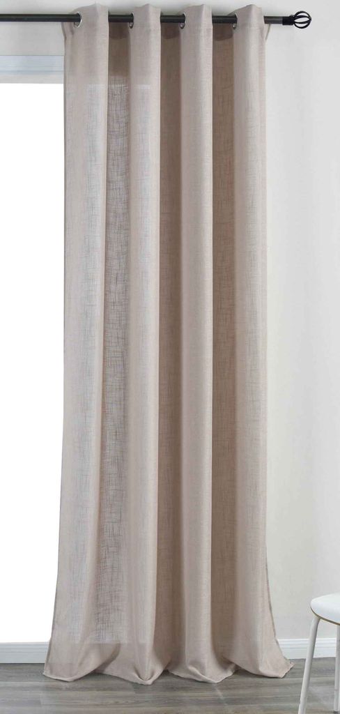 A close-up view of a beige curtain hanging from a curtain rod.
