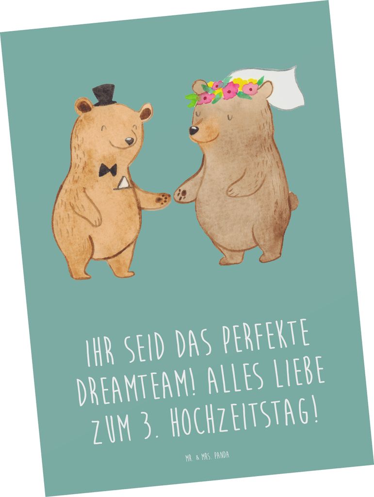 Mr. & Mrs. Panda Postkarte 3. Hochzeitstag Lederhochzeit Dreamteam - Meeresbrise - Geschenk, wahre Liebe, Postkarten, Erinnerungen, Ehe, Heirat, Hi...