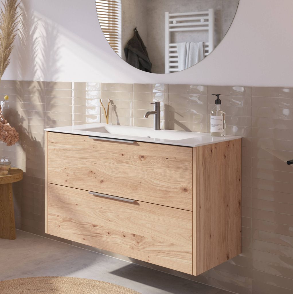 Saqu Lima Badezimmermöbel Keramik Waschtisch mit Unterschrank 101x46 cm