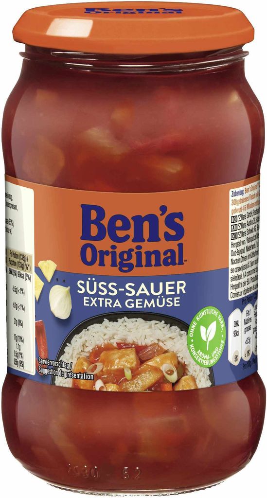 A glass jar of Ben's Original Sweet and Sour Sauce with extra vegetables.