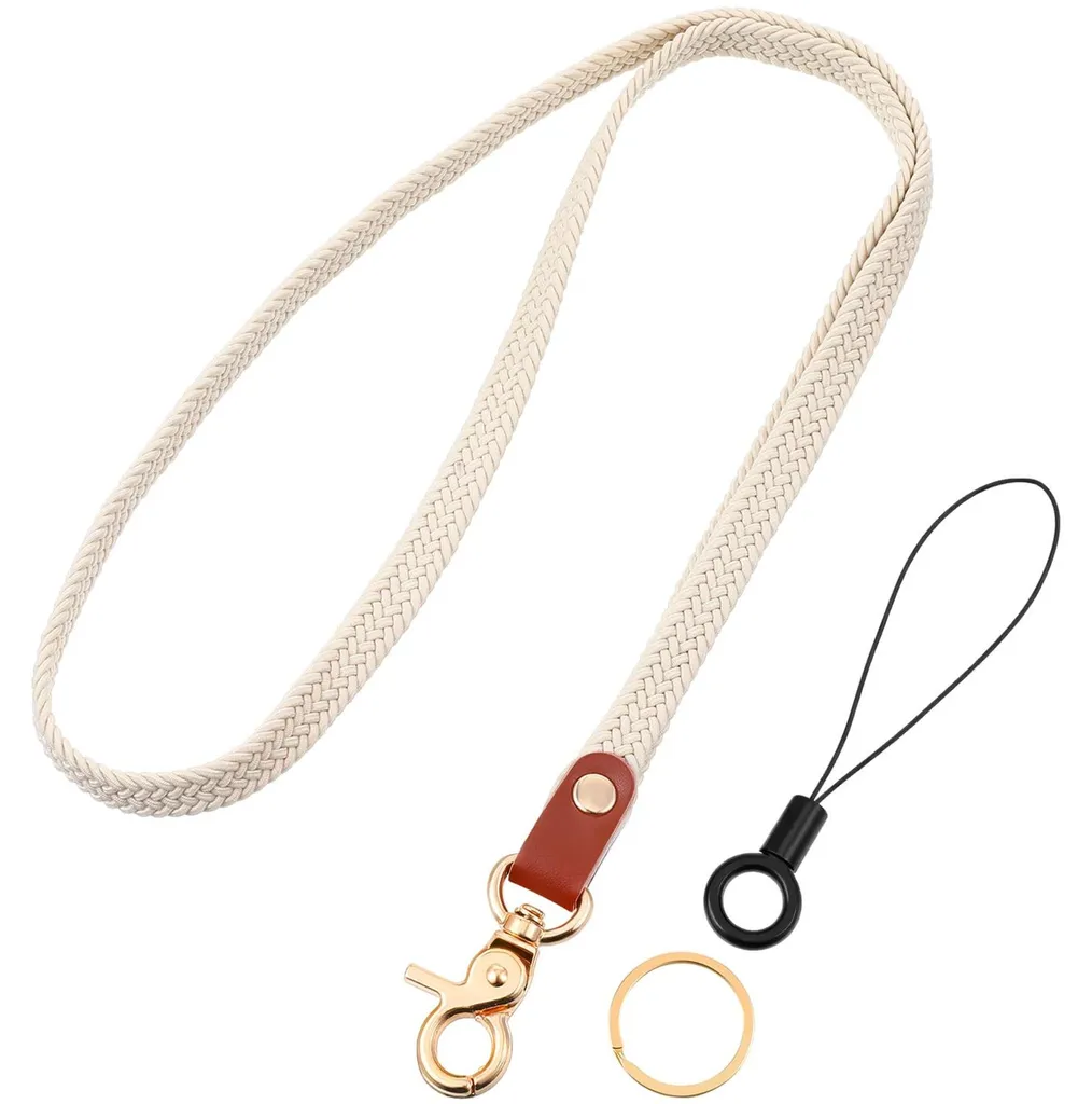 Cordon tour de cou élastique beige muni d'un anneau extensible