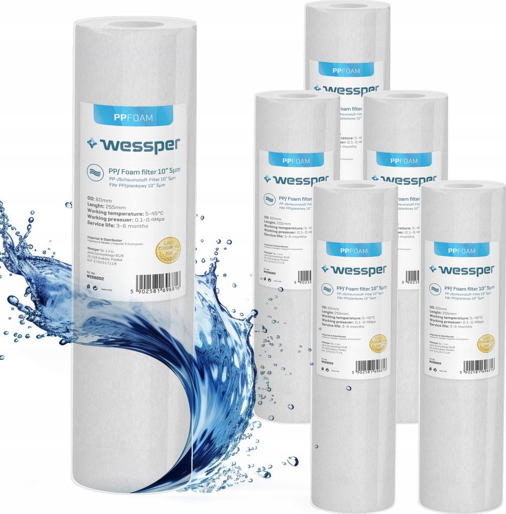 A group of white cylindrical water filter cartridges are arranged on a white background with a splash of blue water effect.
