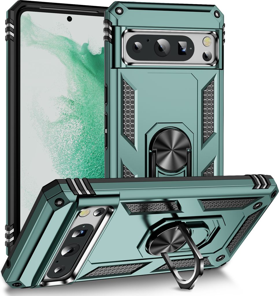 Schutzhülle für Google Pixel 8 Pro Dual Layer Robust Militäre Fallschutz Hülle mit Ringhalterung Ständer Grün