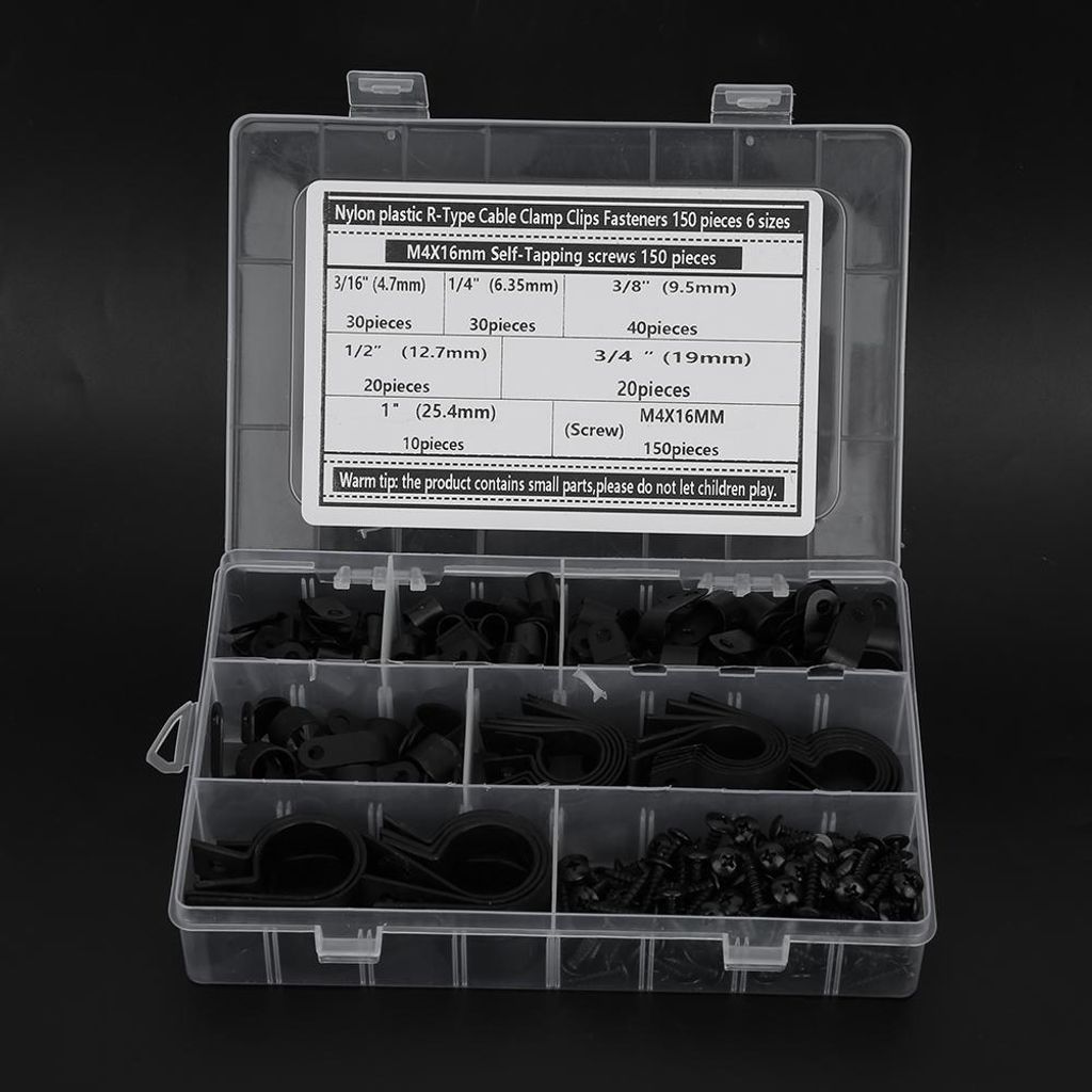 150 Stück R-förmige Kabelklemmen, 150 Stück M4 x 16 mm selbstschneidende Schrauben (Set)