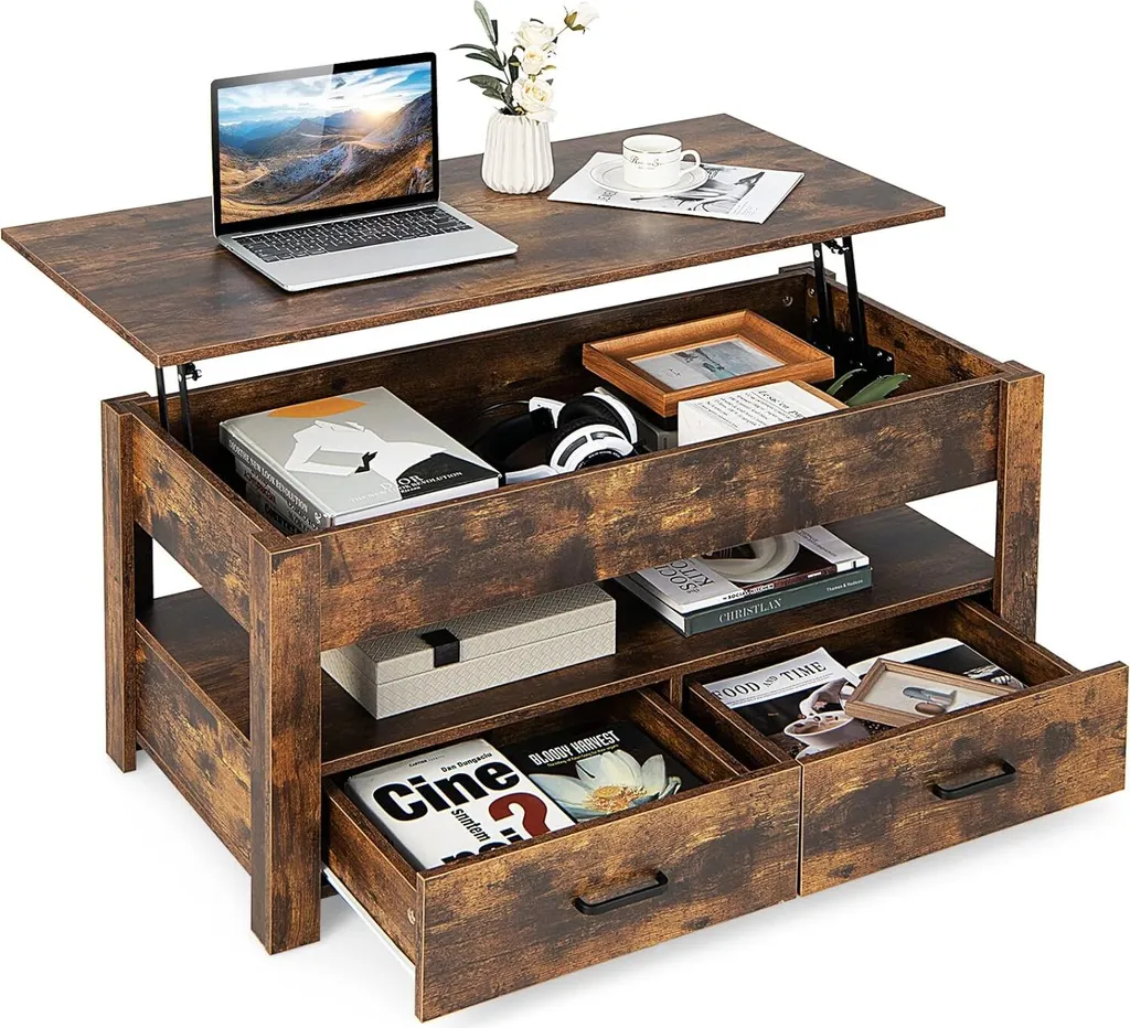 Table basse relevable anti-désordre avec tiroirs et plateau ajustable