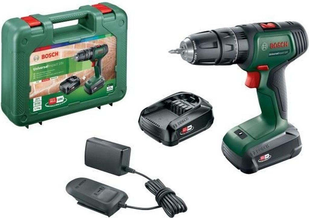 Bosch Universal - Schlagbohrschrauber 18 V + 2 x 2,0 Ah Akkus und Ladegerät