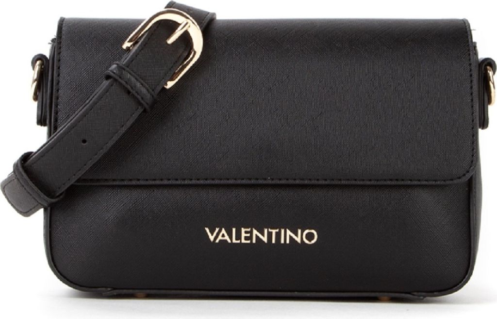 A black Valentino bodybag with a gold buckle and gold Valentino logo on the front.