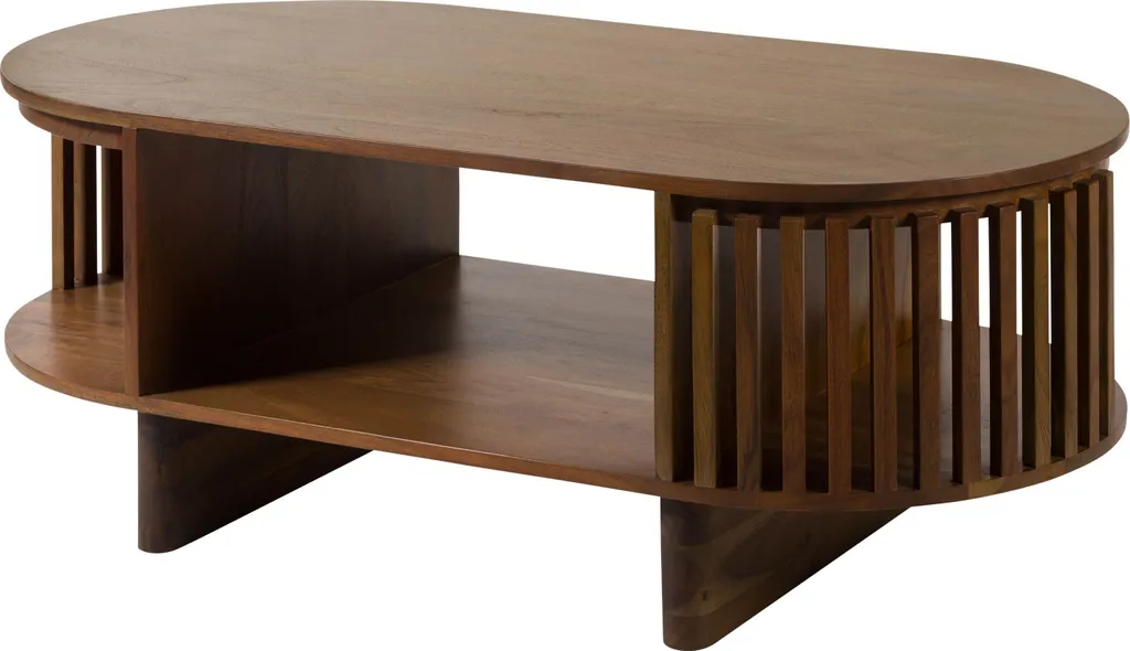 Table basse bois d'acacia laqué naturel MADRID #90 avec pieds robustes