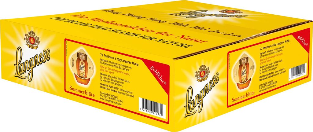 A cardboard box containing multiple small jars of honey.