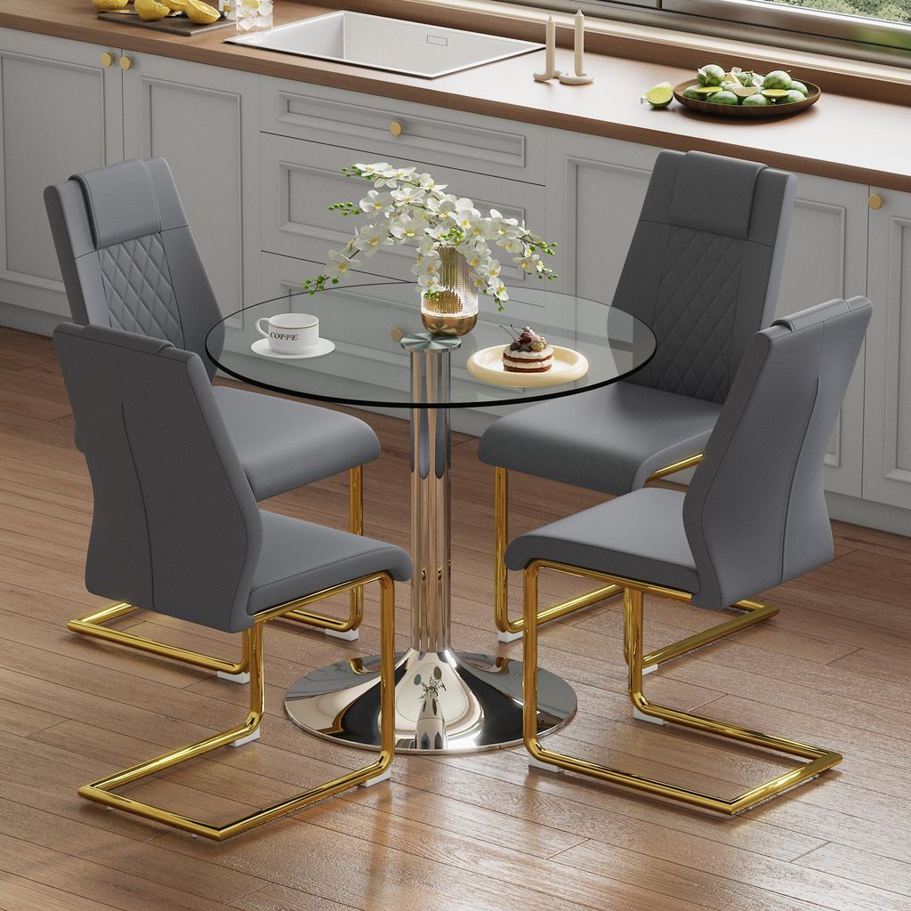 Modernes Esstisch-Set Rund Ø 85cm - Glastisch aus Sicherheitsglas mit 4 Kunstleder Stühlen - Platzsparende Essgruppe für Küche & Wohnzimmer