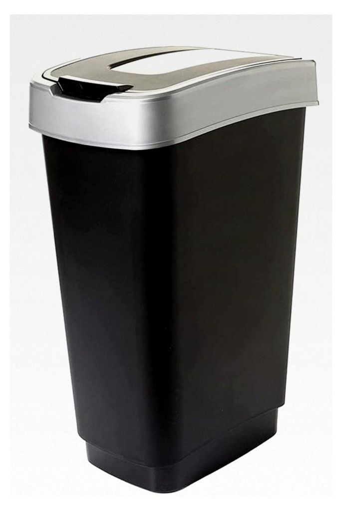 Mülleimer Küche, 50L - geruchsdichter Abfalleimer mit Schwingdeckel, 60x45x34 cm, robuster recycelbarer Kunststoff, schwarz/silber