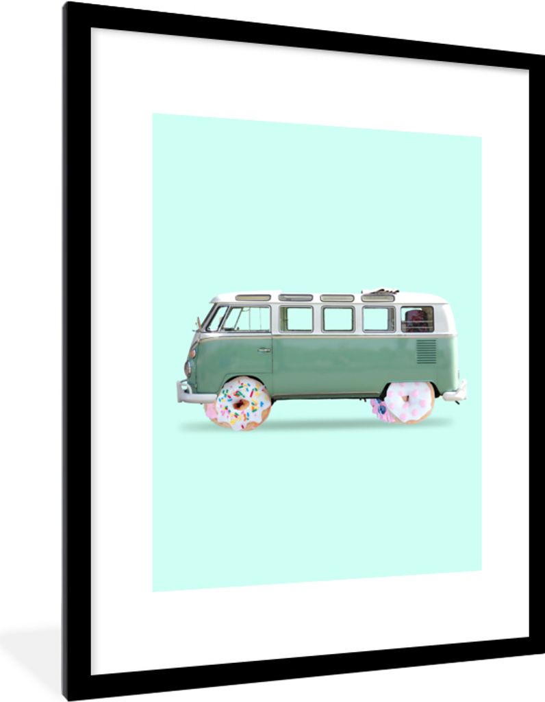 MuchoWow Gerahmtes Poster Donuts - Lieferwagen - Auto - Grün 60x80 cm - Poster mit Schwarzem Bilderrahmen Wandposter Rahmen Foto Bilder - Wohnzi...