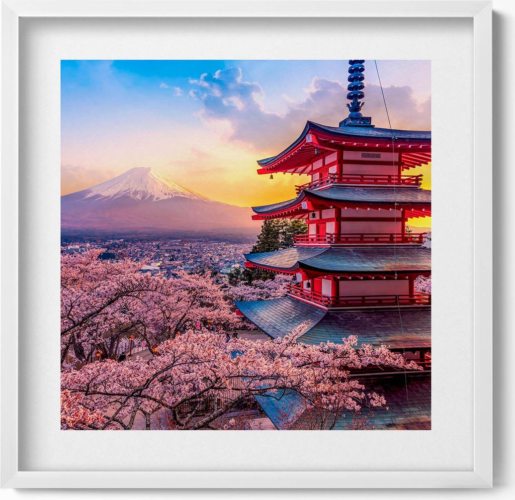 Japanische Architektur– Wandbild mit Rahmen – Gerahmtes Bild – Wanddekoration – 50x50 cm – Weiß Rahmen