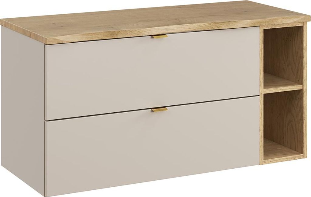 Badezimmer Waschtischunterschrank mit 100 cm Breite in kaschmir & Eiche mit Baumkantenoptik, 2 Schubladen & 2 offene Fächer - DURANGO-56