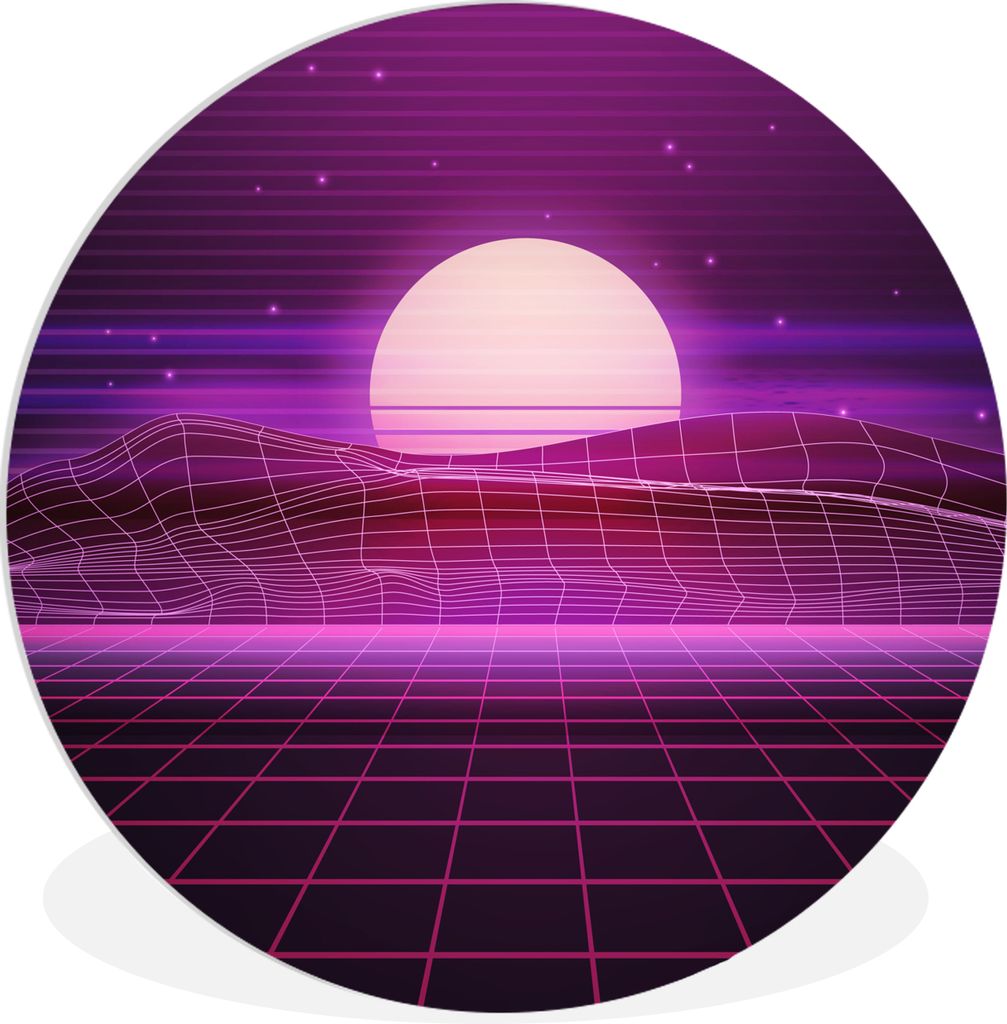 MuchoWow Rundes Wandbild - Runde Bilder Spiele - Neon - Retro - Lila - Sonne - Spiele Ø 60 cm Kreis Wanddekoration Kunststoff - Wandkreis - Wand...