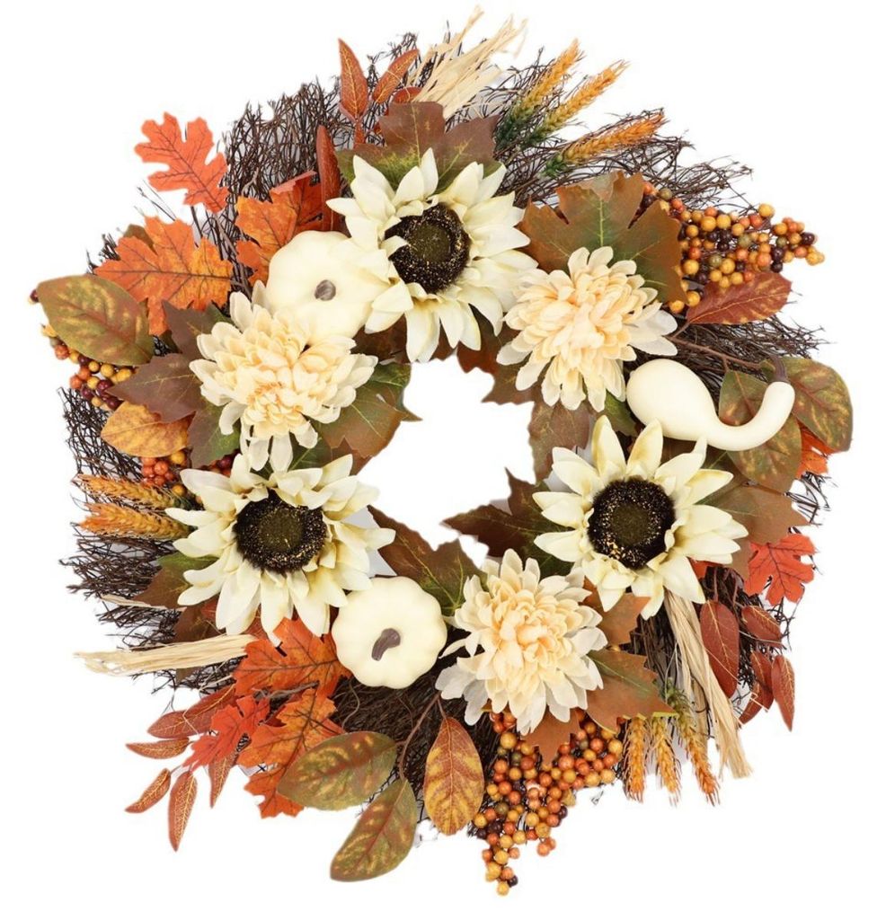 INF Herbstkranz mit weißen Kürbissen, Sonnenblumen Polyester 35cm, Türdeko
