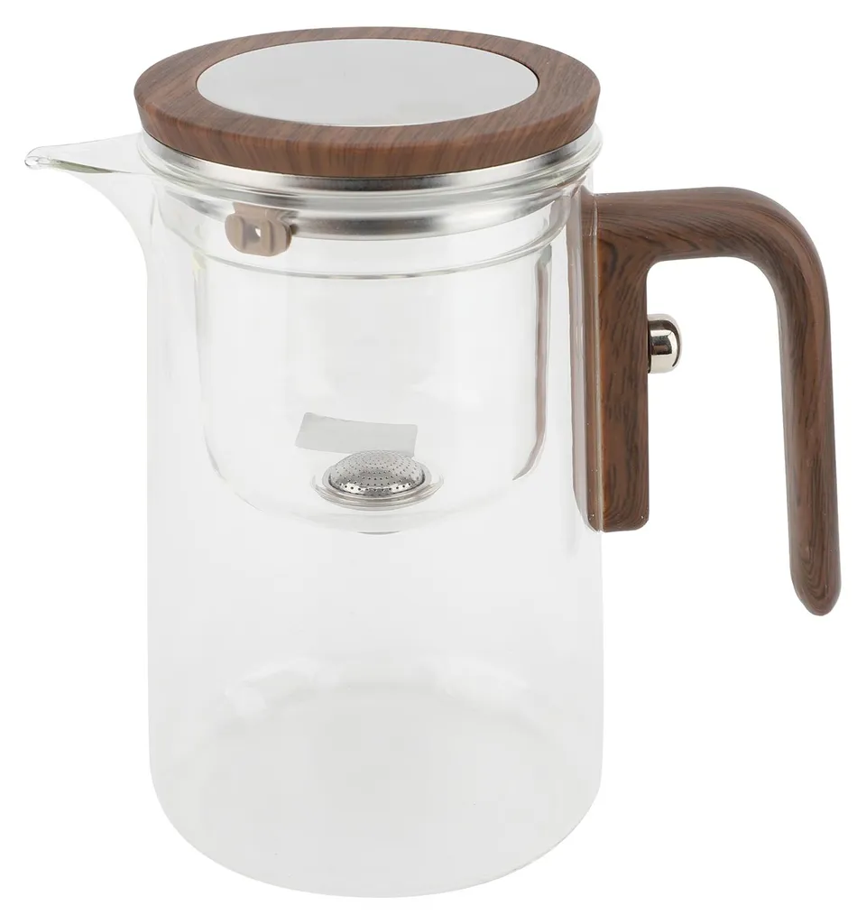 Théière en verre 800ml avec filtre séparateur eau et poignée en bois