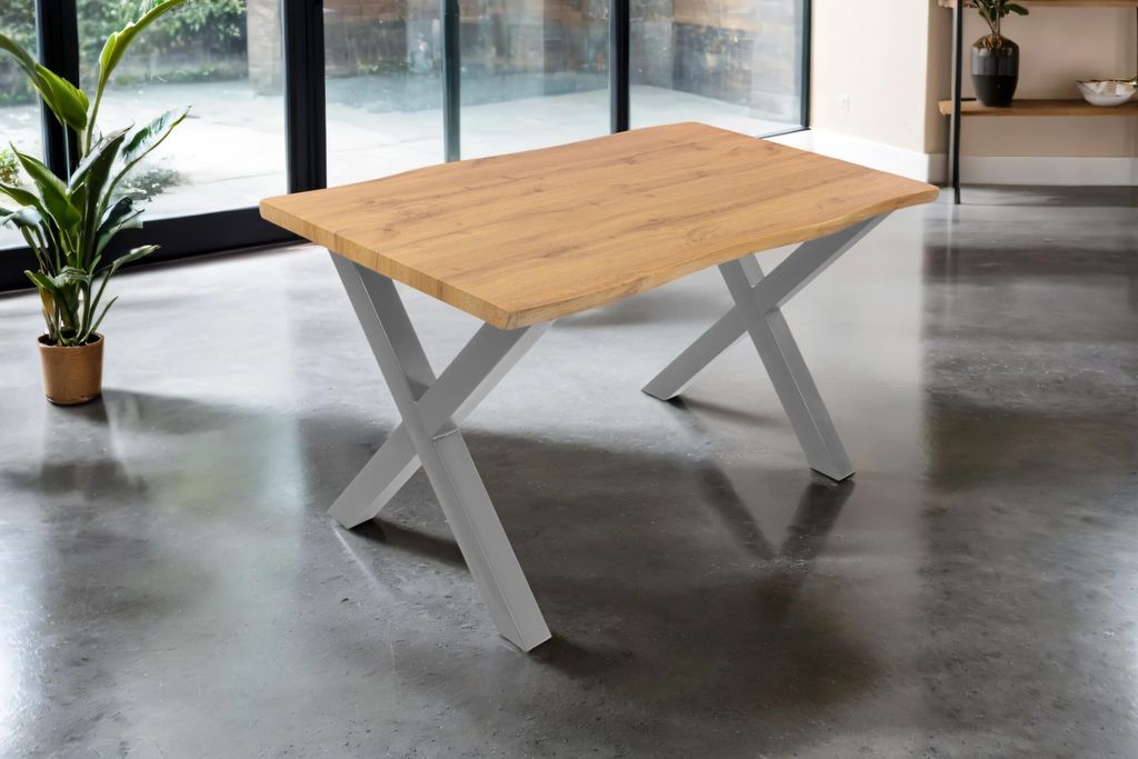 Esstisch Josy | 120 x 80 cm | Holz Wildeiche-Optik | X-Gestell Metall Silber | 40 mm Tischplatte mit Baumkante | Tisch für Esszimmer & Küche