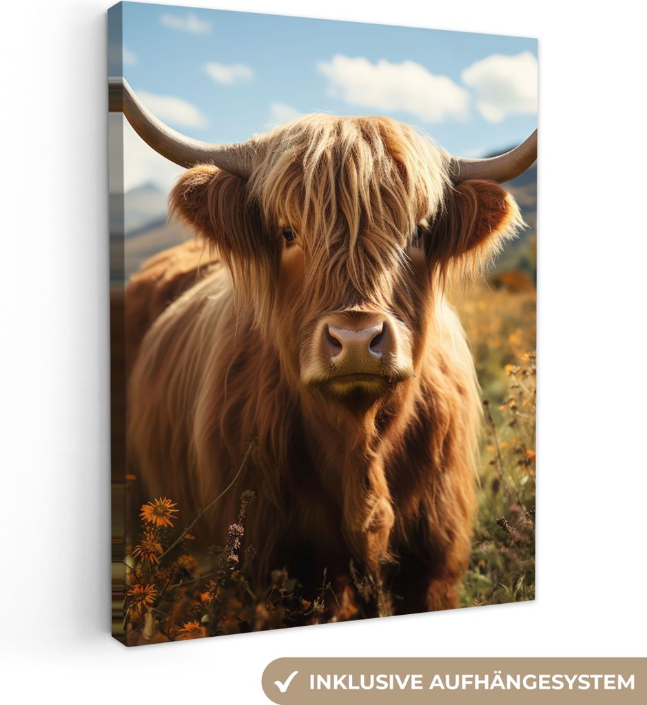 Wanddeko 60x80 cm - Schottisches Hochlandrind - Tierportrait - Natur - Tier, Deko Wohnzimmer, Leinwand Bilder