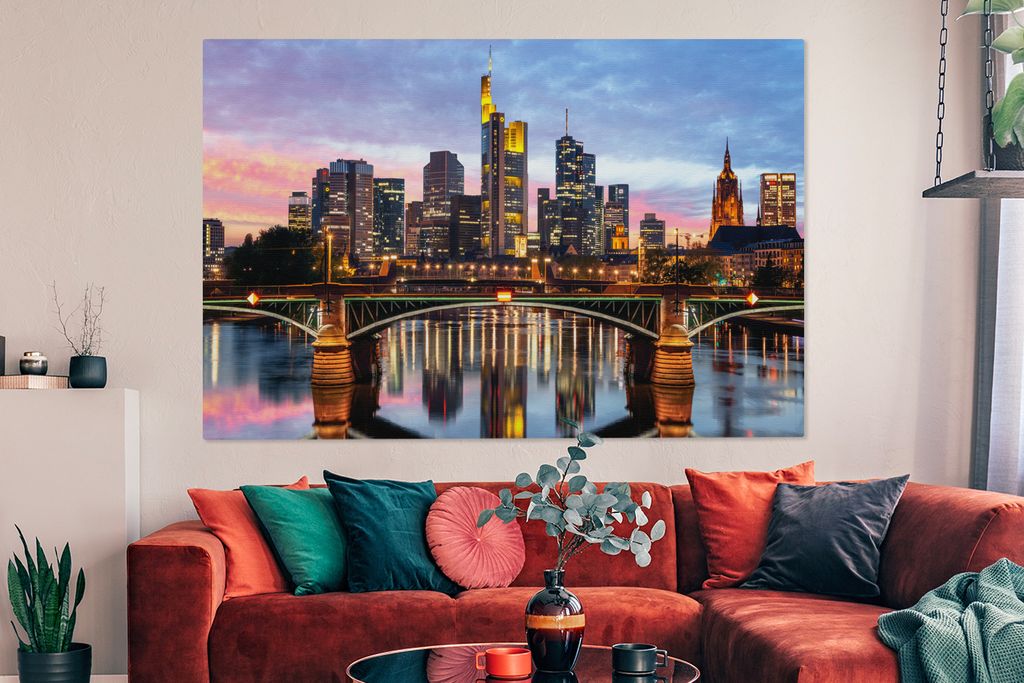 OneMillionCanvasses - Leinwandbilder - 150x100 cm, Frankfurt am Main Skyline in Deutschland in der Abenddämmerung, Wandbilder Kunstdruck Wanddek...