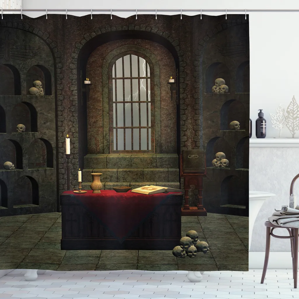 Grand rideau de douche occultant motif crâne mystique rouge et brun