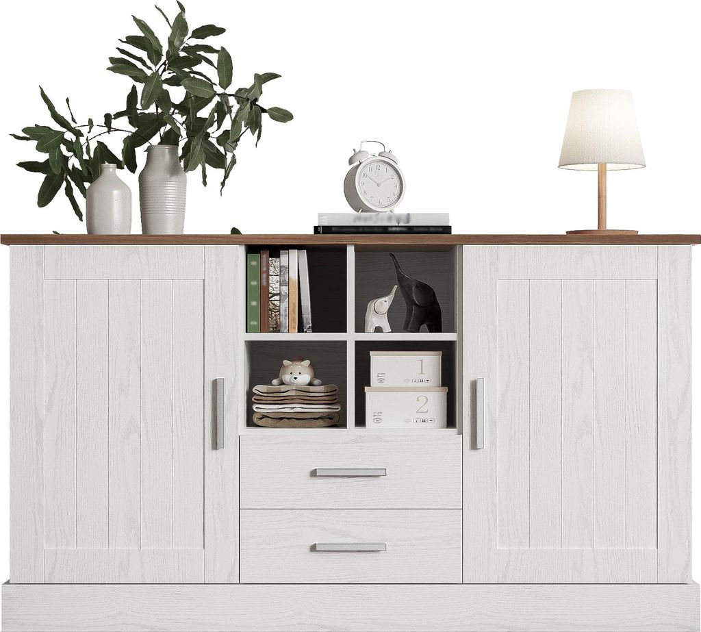 Sweiko Sideboard 140 x 40 x 79,5 cm, weiße und braune Holzmaserung - 2 Türen, 2 Schubladen