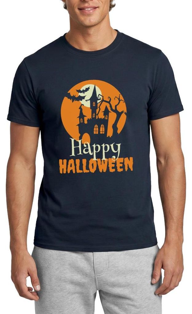 Spreadshirt Happy Halloween Spukhaus Mit Vollmond Und Fledermaus Männer T-Shirt, M, Navy