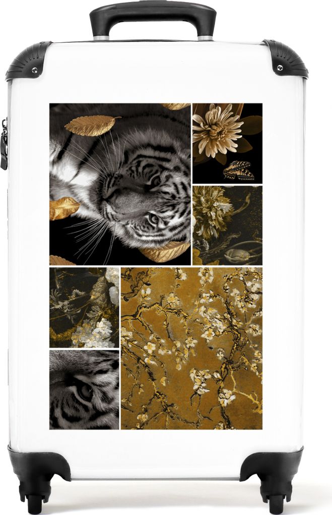 NoBoringSuitcases.com Koffer Handgepäck Trolley Rollkoffer Kleine Reisekoffer mit 4 Rollen - Tiger - Mandelblüte - Gold - Collage - Blumen - Ca...