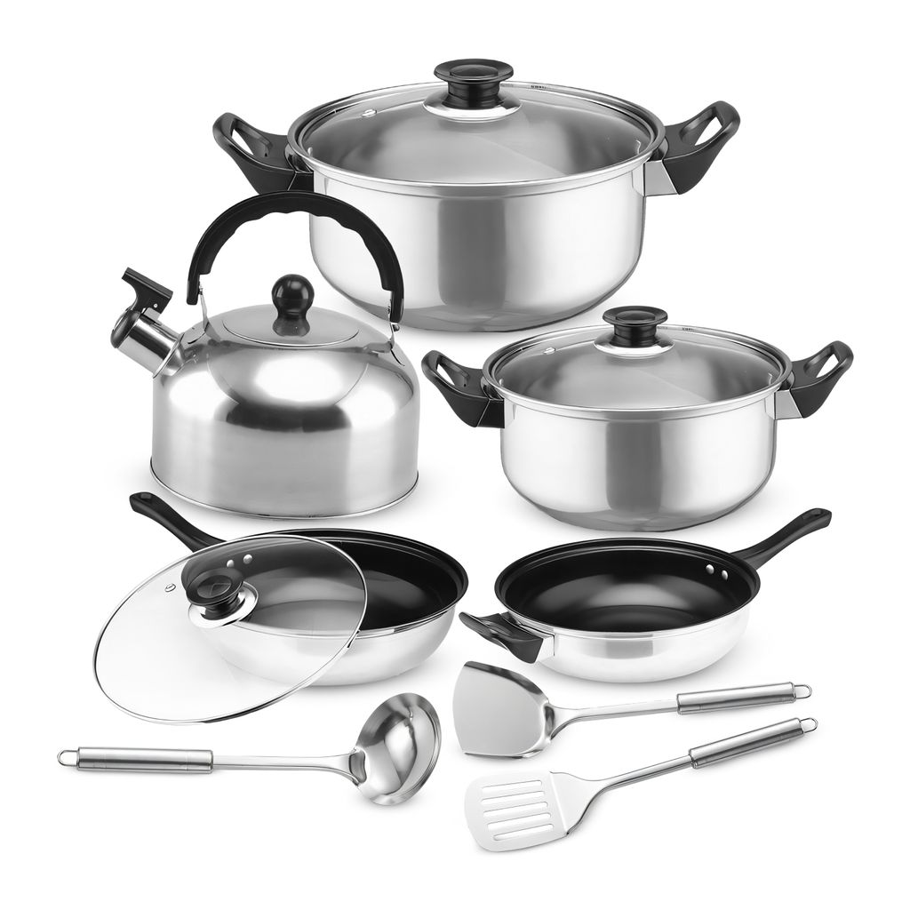 Topfset, Pfannenset 12-teilig mit Flötenkessel | Kochtopfset | Kochtöpfe | Töpfe mit Glasdeckel | Induktionsgeeignet | Silber, Edelstahl | Retoo