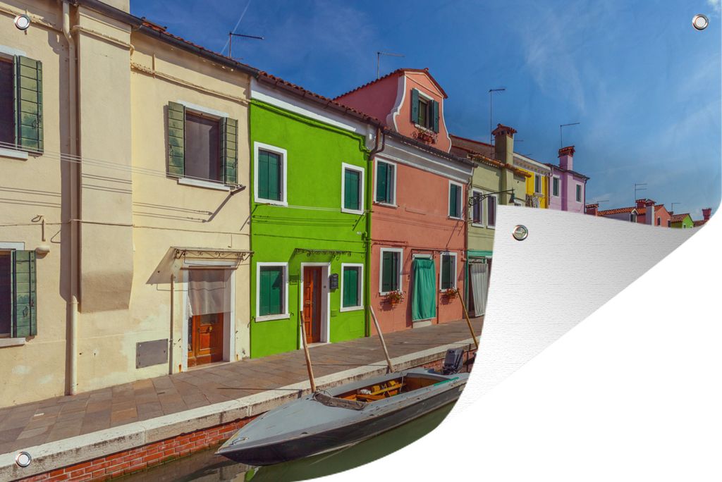 MuchoWow 90x60 cm Outdoor-Poster Gartendeko Sichtschutz Garten Poster für den Garten Bunte Häuser unter blauem Himmel in Burano in Venedig
