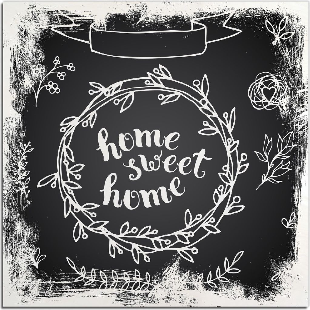 Kunstdrucke Wandbilder Holz in : Brillante Farben, Größe 50 x 50 cm Motiv Home sweet Home Weiß auf Schwarz