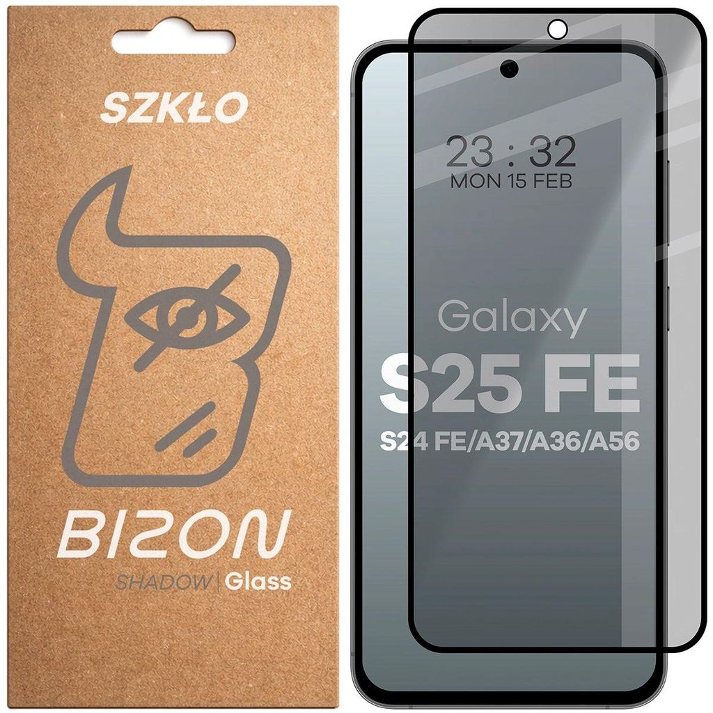 Prywatyzujące szkło hartowane Bizon Glass Edge Shadow do Galaxy S24 FE / A36 5G / A56 5G, przyciemniane z czarną ramką