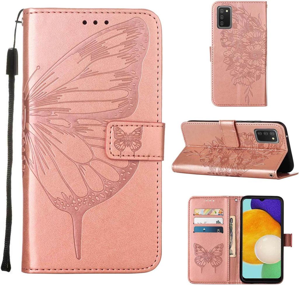 Galaxy A03S Hülle, Schmetterling Prägung Flip Leder Kartenfächer Schutzhülle Ledertasche mit Ständer für Samsung Galaxy A03S Roségold