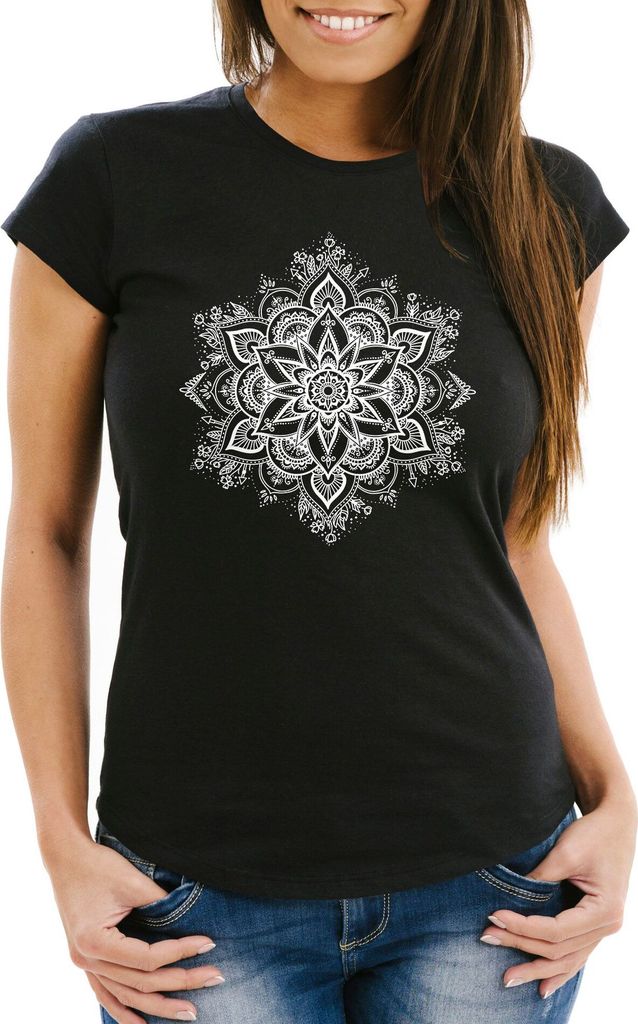 Damen T-Shirt Mandala Ornament Bohemian Boho Ethno Slim Fit Neverless schwarz XS
