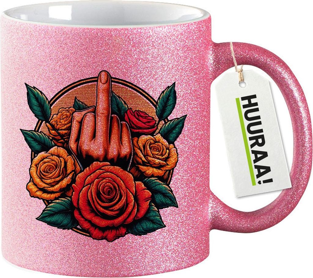 Huuraa Glitzertasse Mittelfinger Rosen 330ml Pink Keramik Kaffeebecher Geschenkidee