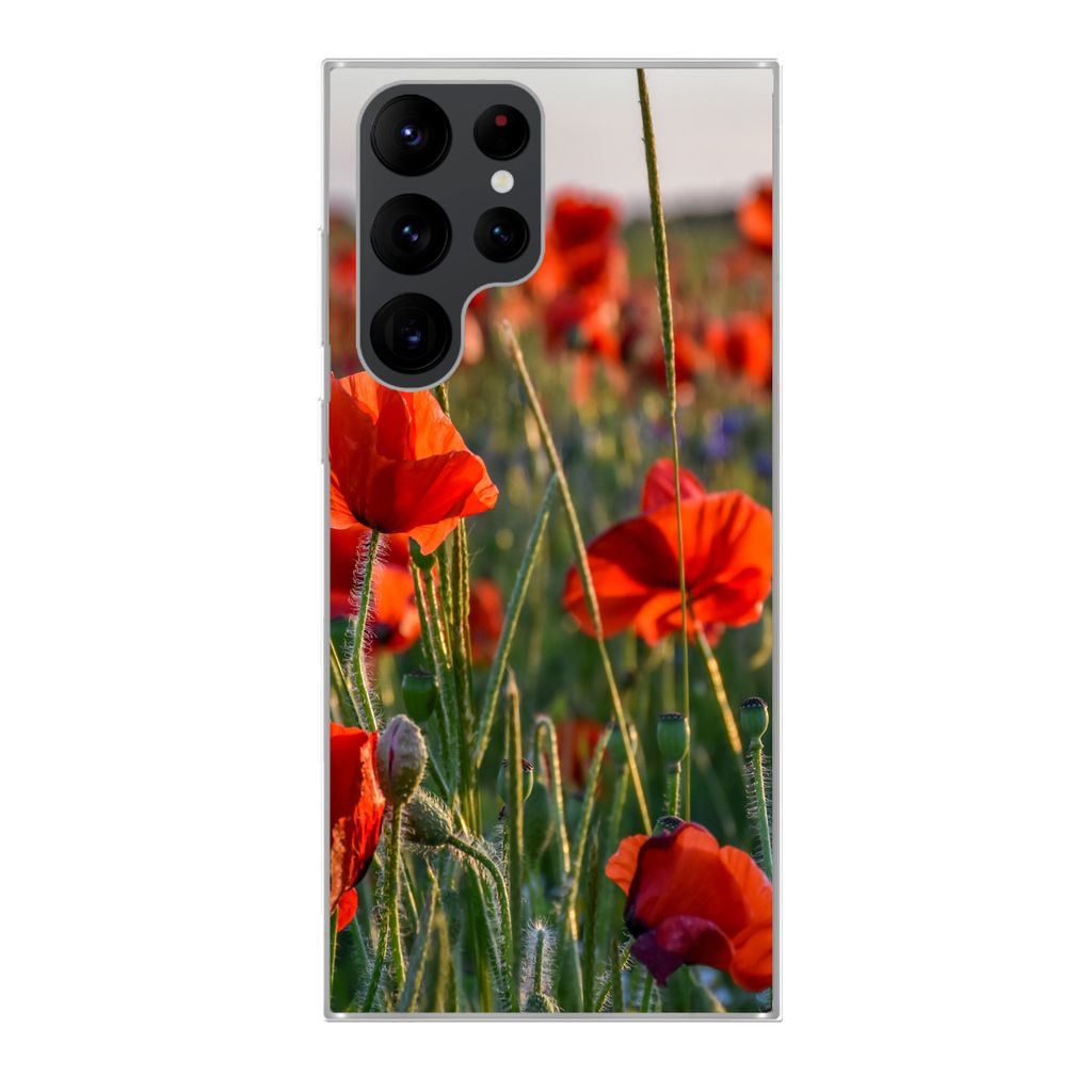 MuchoWow Handyhülle Schutzhülle Hülle für Samsung Galaxy S22 Ultra Blumen - Mohnblumen - Natur - Rot Silikon Softcase Handy Hülle - Abbildung