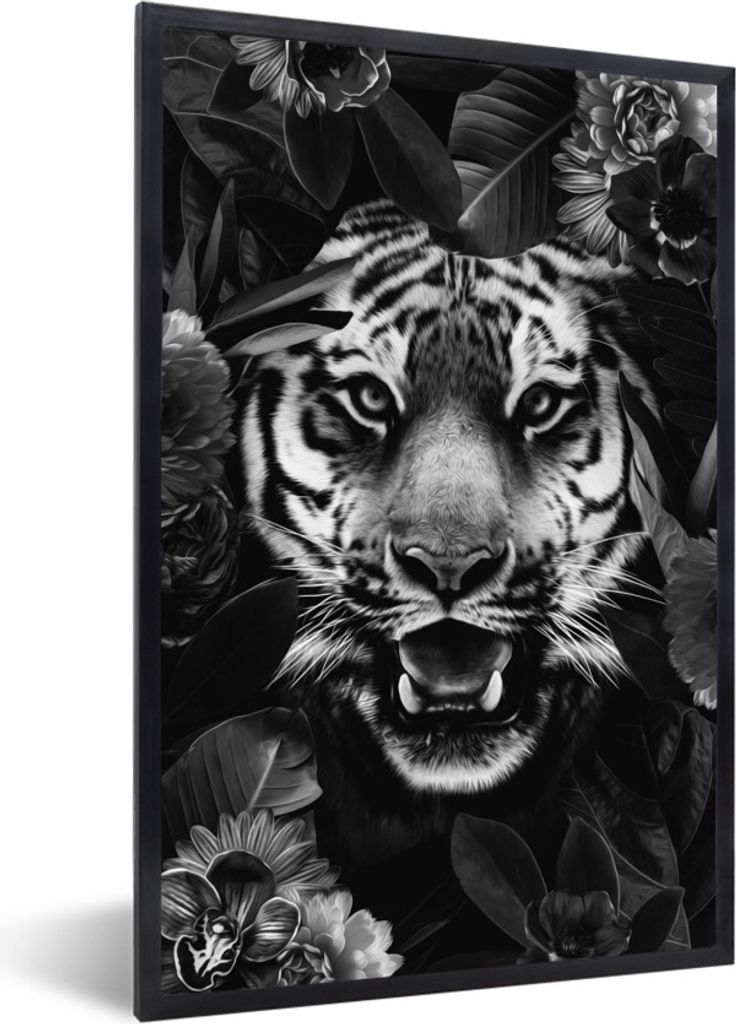 MuchoWow Gerahmtes Poster Tiger zwischen Blättern und Blüten - schwarz und weiß 40x60 cm - Poster mit Schwarzem Bilderrahmen Wandposter Rahmen...
