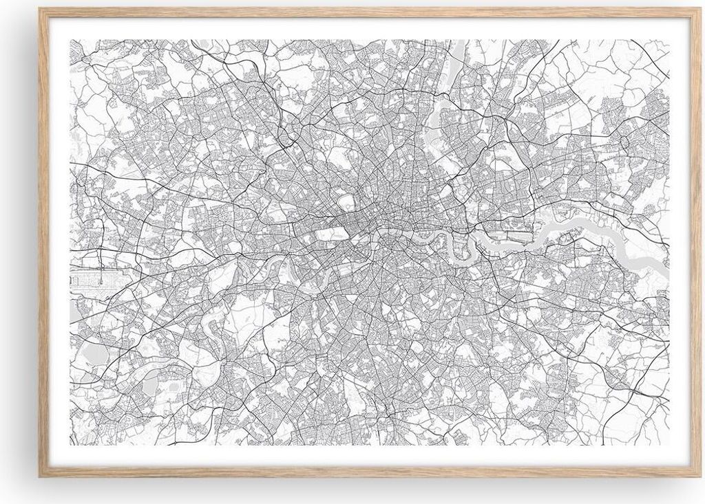 Gerahmtes Poster - Rahmen in heller Eiche - Stadt Karte London - 100x70 cm - Wand Bild - Wanddeko - Wandbilder - Kunstposter - Wandposter - Bilderr...