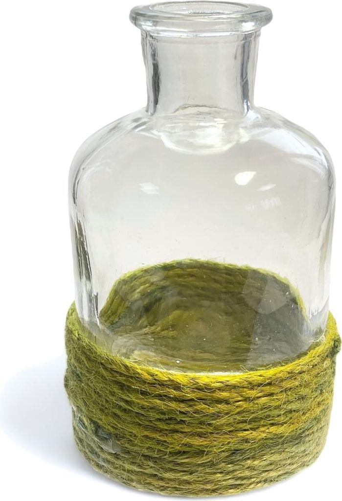 GLAS VASE "SPRAY". Kleine Flasche mit Rope/Kordel. Ca. 6,5x13cm. GRÜN