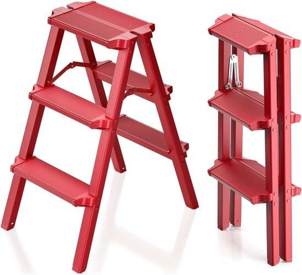 Aluminiumen trap, 3 treden, rood, inklapbaar, compact, Productafbeelding 