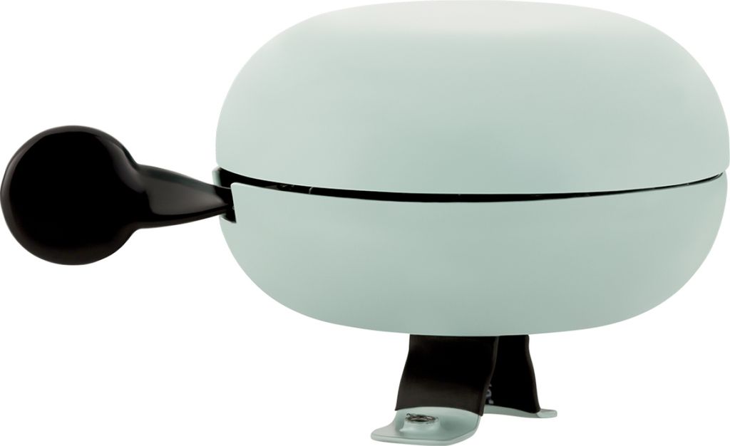 A light blue bicycle bell with a black lever is shown against a white background.