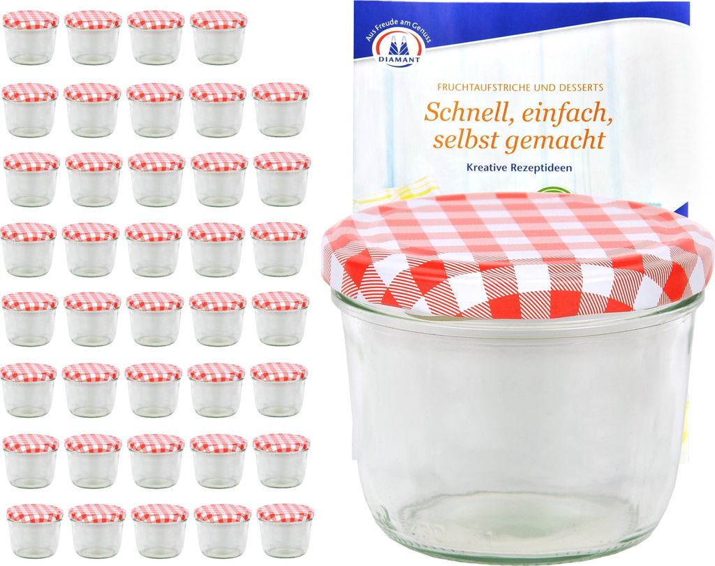 40er Set Sturzglas 230 ml mit rot kariertem Deckel inkl. Diamant Gelierzauber Rezeptheft