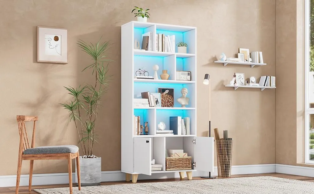 Bibliothèque LED avec Télécommande et Compartiments, Style Blanc Épuré - 17