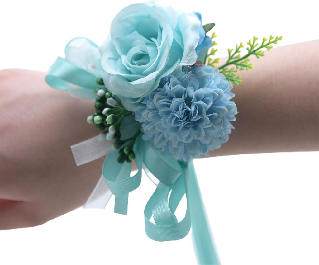 Handgelenkblume nicht verblüffende mehrfarbige Dekoration Eleganter Braut Bräutigam gefälschter Handgelenk Corsage für Party-Himmelblau