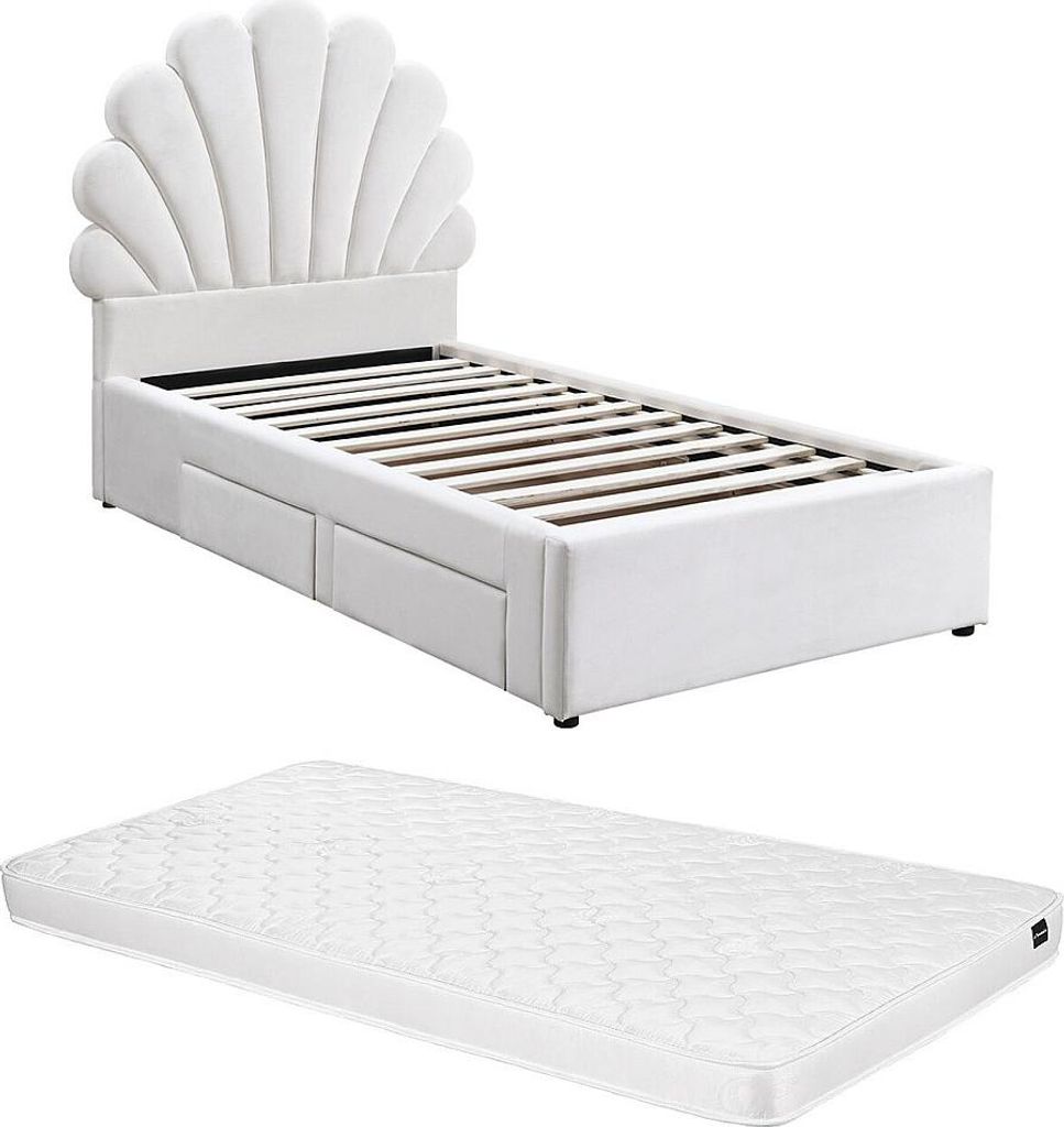Bett Muschelbett - 90 x 190 cm - mit 2 Schubladen - Samt - Weiß + Matratze - MOANA