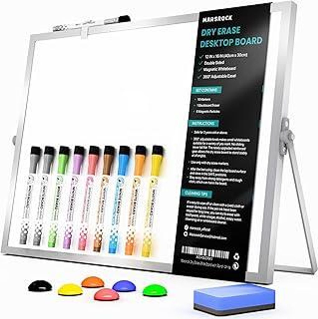 Mini-Whiteboard A3 mit Ständer, zweiseitig, 30x40 cm, inkl. 10 Marker, 6 Magnete, 1 Schwamm. Tragbares Tisch White board für Planung, kleines mag...