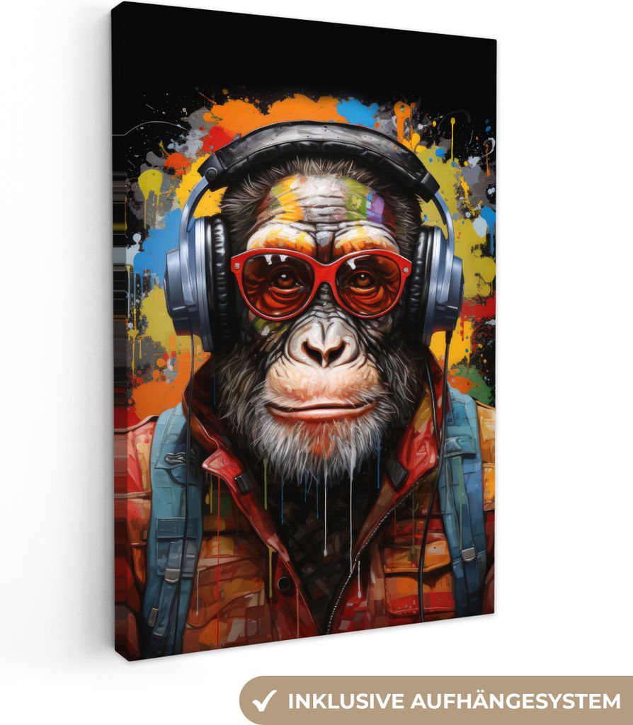 Leinwandbilder 80x120 cm - Graffiti - Schimpanse - Affe - Tiere - Brille - Farben, Bilder Wohnzimmer Modern, Wanddeko
