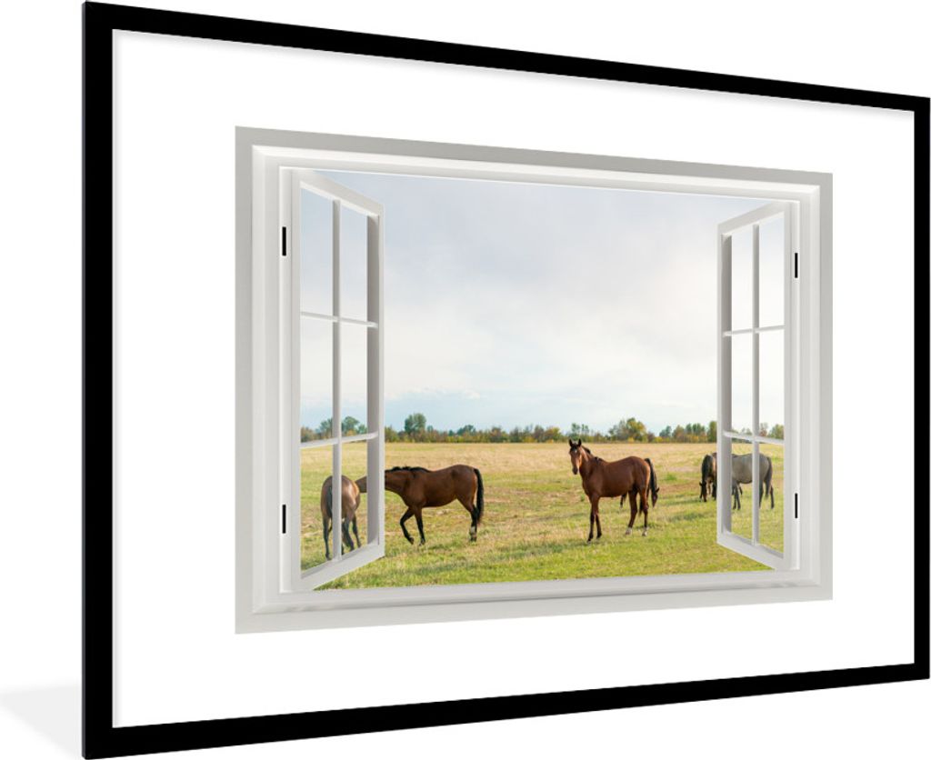 MuchoWow MuchoWow Gerahmtes Poster Aussicht - Pferde - Gras 90x60 cm - Poster mit zchwarzem Bilderrahmen - Wanddekoration - Fotos