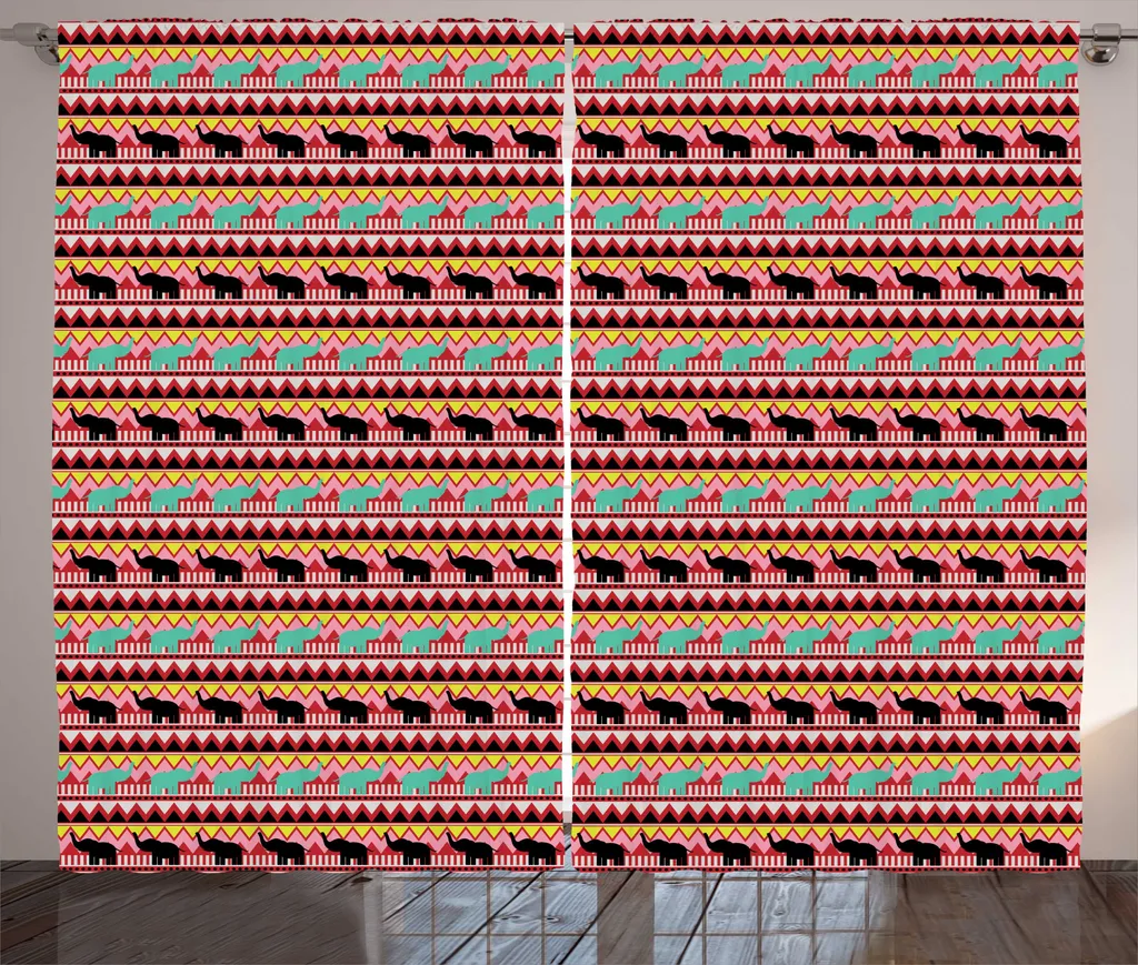 Paire de rideaux de salon éléphant zigzag rouge et multicouleur 280x225
