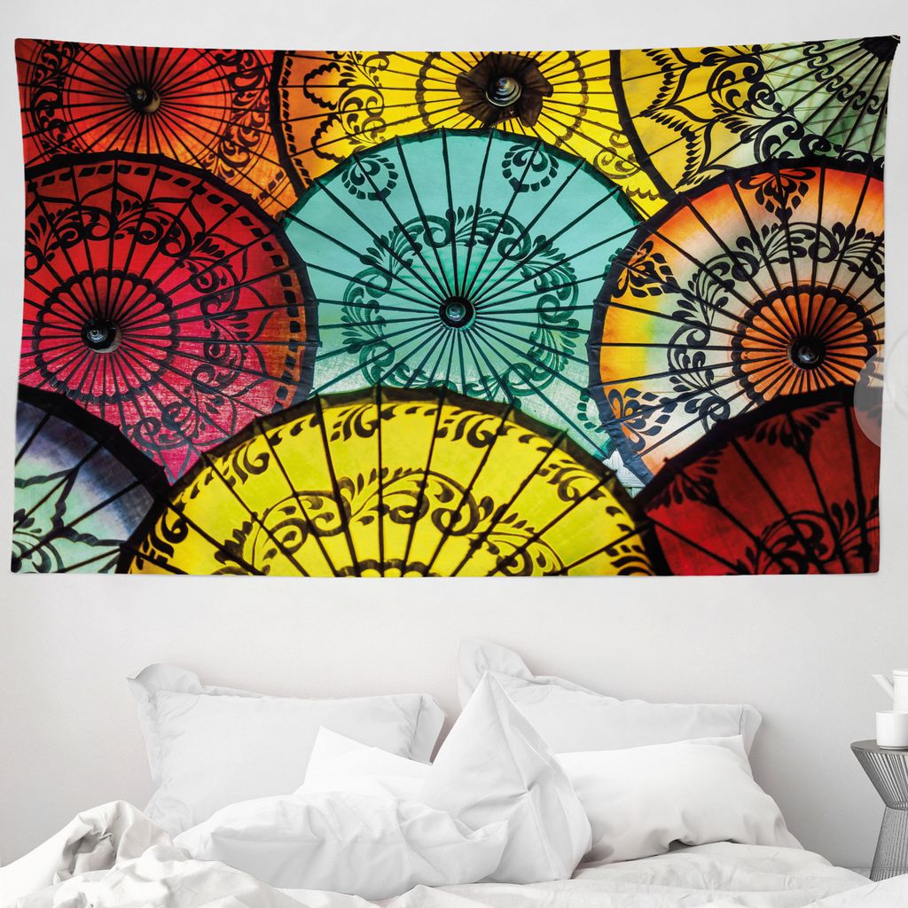 ABAKUHAUS Stoff Wandteppich, Umbrella Markt aus Weiches Mikrofaser Stoff Waschbar ohne Verblassen Digitaldruck, 230 x 140 cm, Mehrfarbig